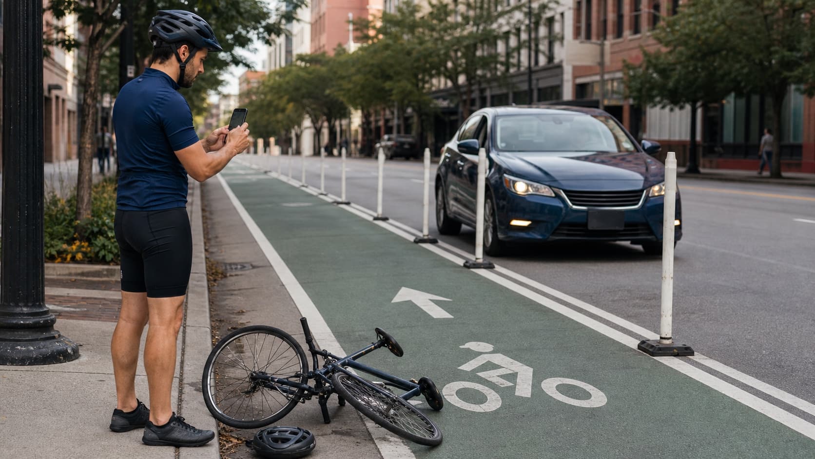 Cyclist documenting a bicycle, bike lane, and vehicle for a Florida bicycle accident claim