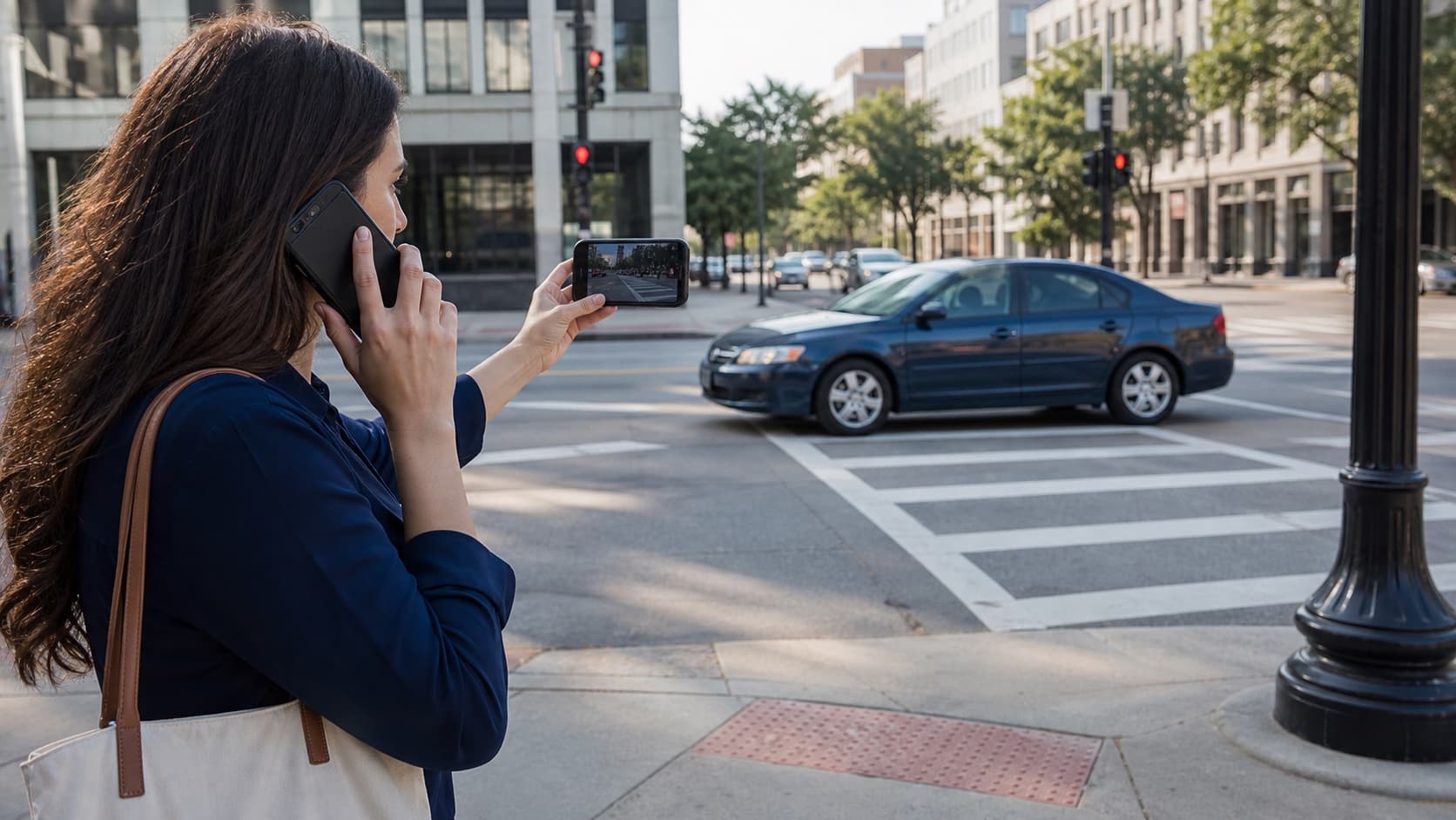 Pedestrian documenting a crosswalk and stopped vehicle for a Florida pedestrian accident claim