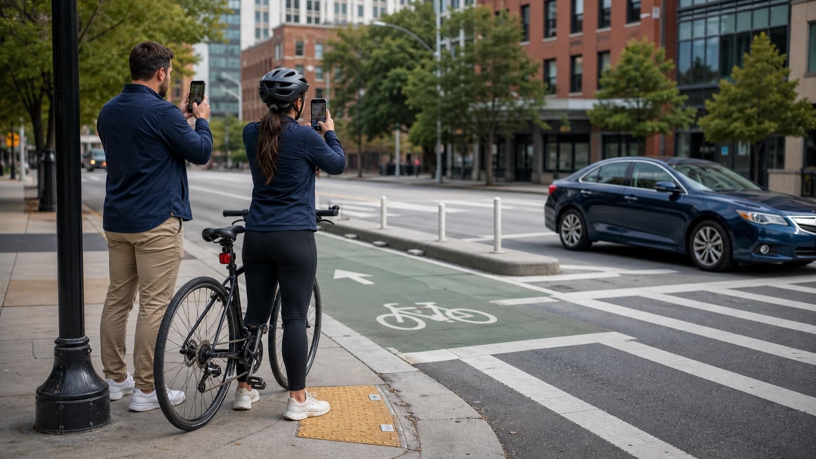 Pedestrian and cyclist documenting a crosswalk and bike lane for accident claims