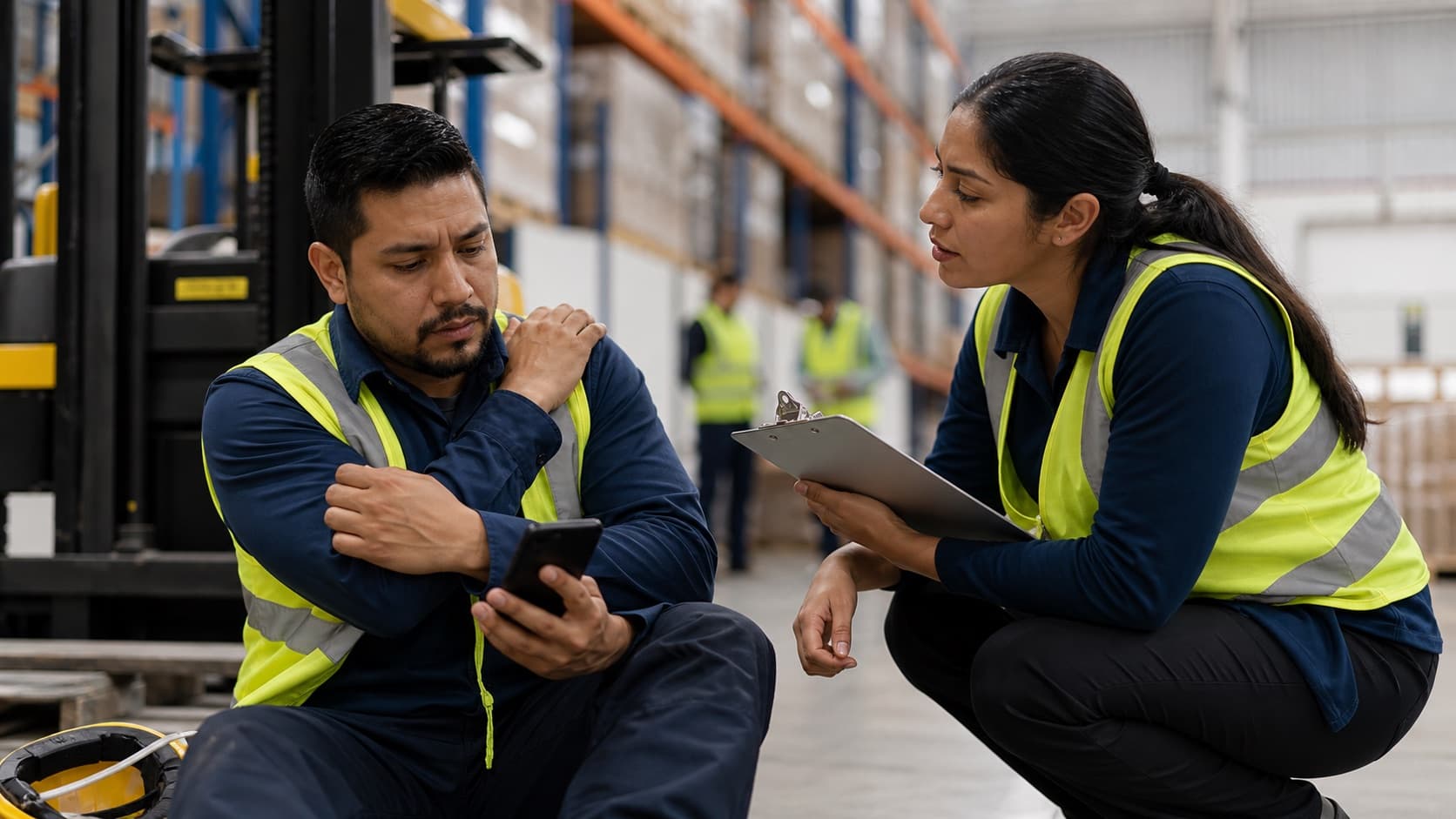 Warehouse worker seeking help after a workplace injury