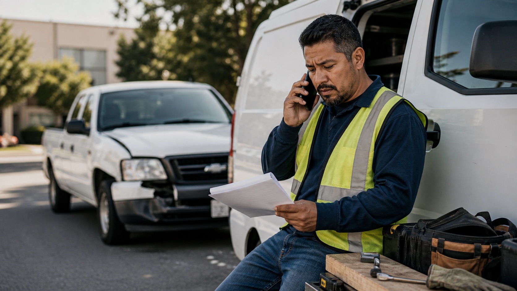 Trabajador latino junto a una van de trabajo despues de un accidente laboral de transito en Austin